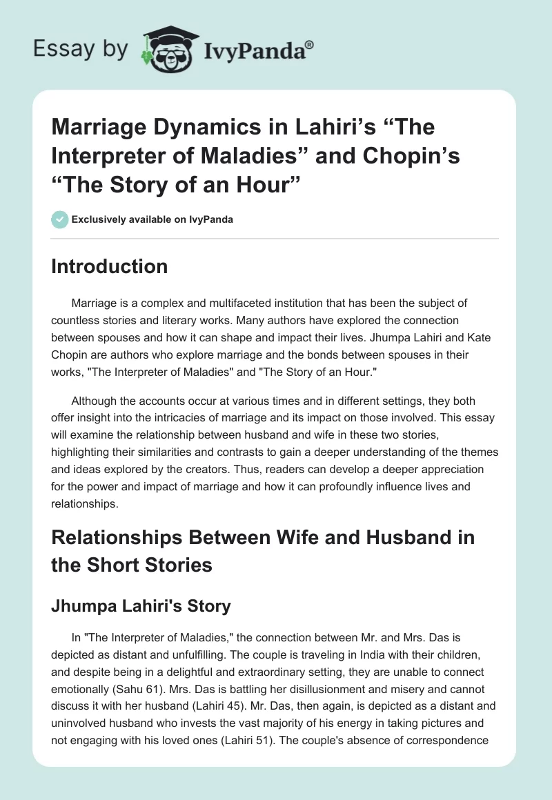 Marriage Dynamics in Lahiri’s “The Interpreter of Maladies” and Chopin’s “The Story of an Hour”. Page 1