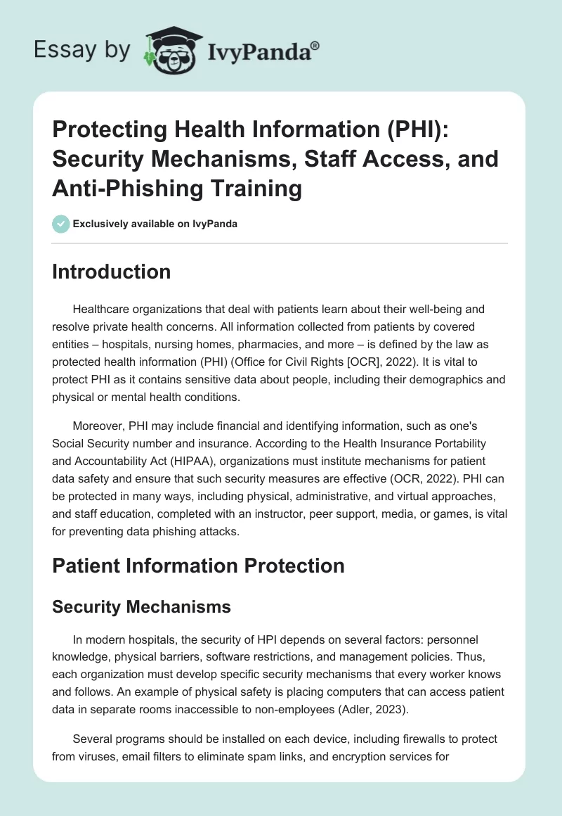 Protecting Health Information (PHI): Security Mechanisms, Staff Access, and Anti-Phishing Training. Page 1