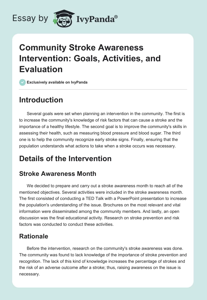 Community Stroke Awareness Intervention: Goals, Activities, and Evaluation. Page 1