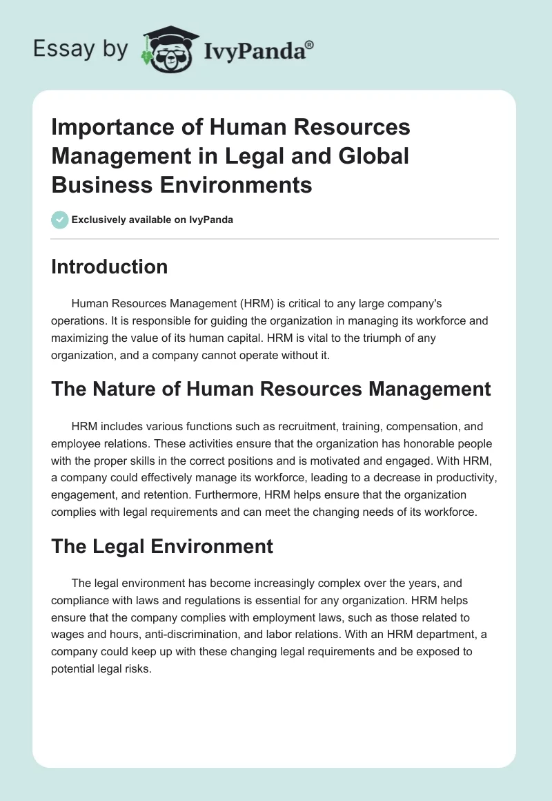 Importance of Human Resources Management in Legal and Global Business Environments. Page 1