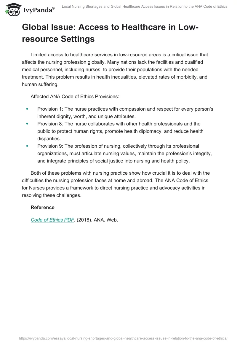 Local Nursing Shortages and Global Healthcare Access Issues in Relation to the ANA Code of Ethics. Page 2