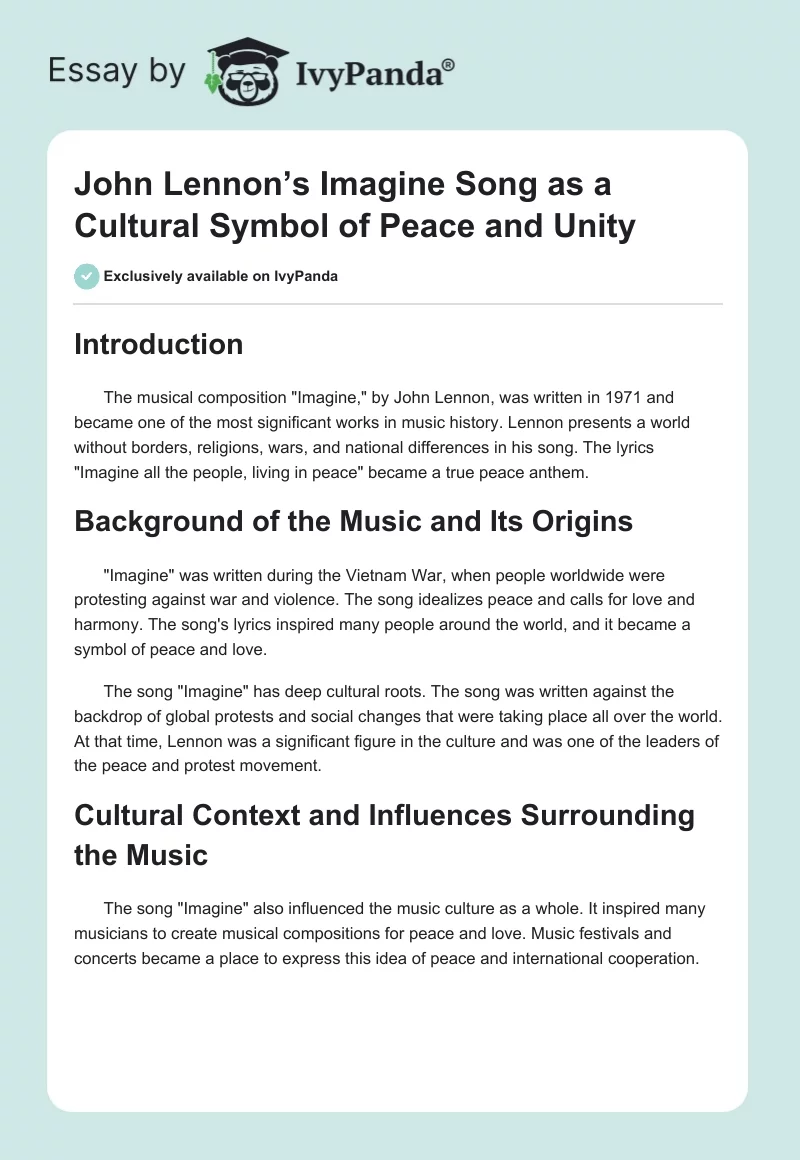 John Lennon’s Imagine Song as a Cultural Symbol of Peace and Unity. Page 1