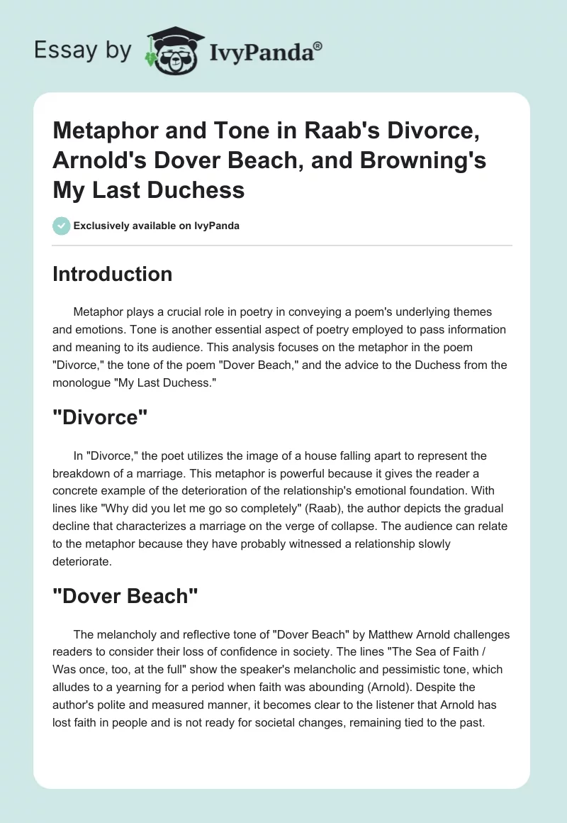 Metaphor and Tone in Raab's "Divorce," Arnold's "Dover Beach," and Browning's "My Last Duchess". Page 1