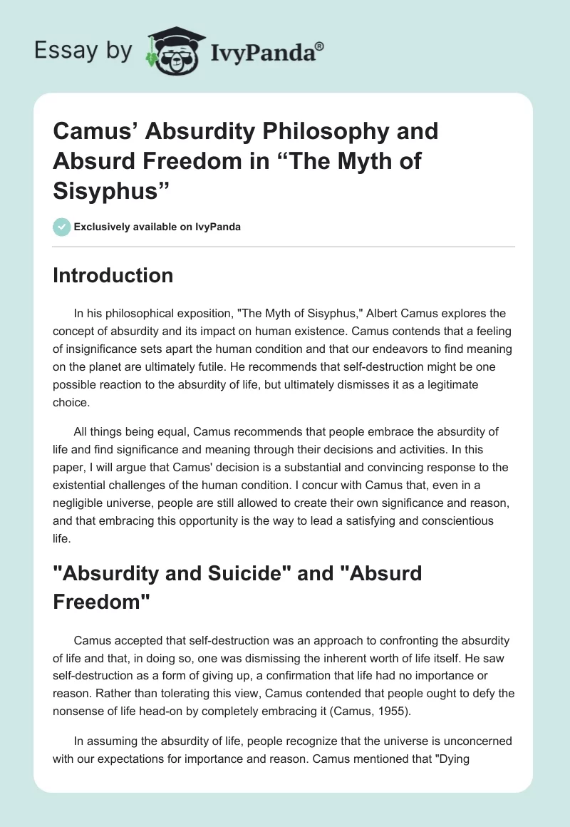 Camus’ Absurdity Philosophy and Absurd Freedom in “The Myth of Sisyphus”. Page 1