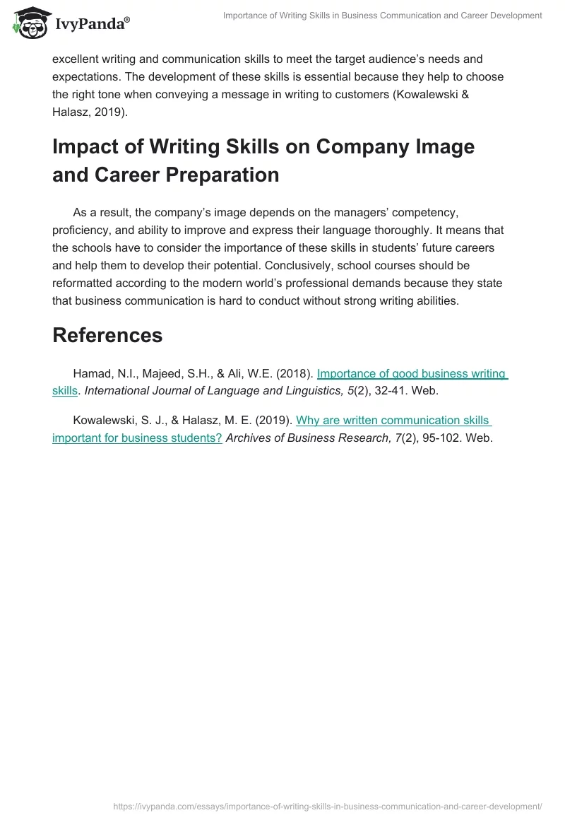 Importance of Writing Skills in Business Communication and Career Development. Page 2