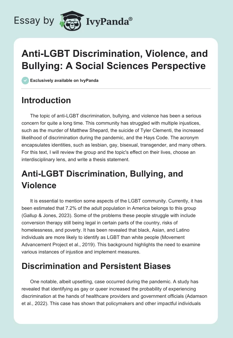 Anti-LGBT Discrimination, Violence, and Bullying: A Social Sciences Perspective. Page 1