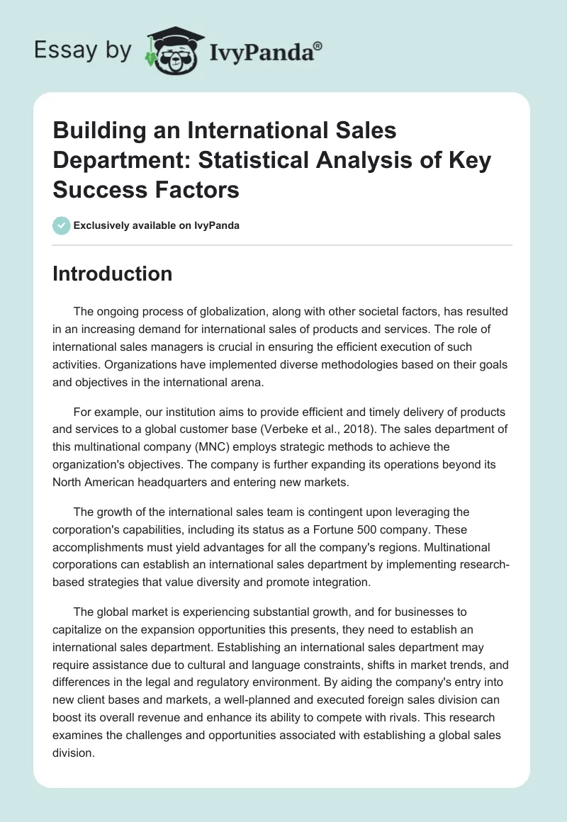 Building an International Sales Department: Statistical Analysis of Key Success Factors. Page 1