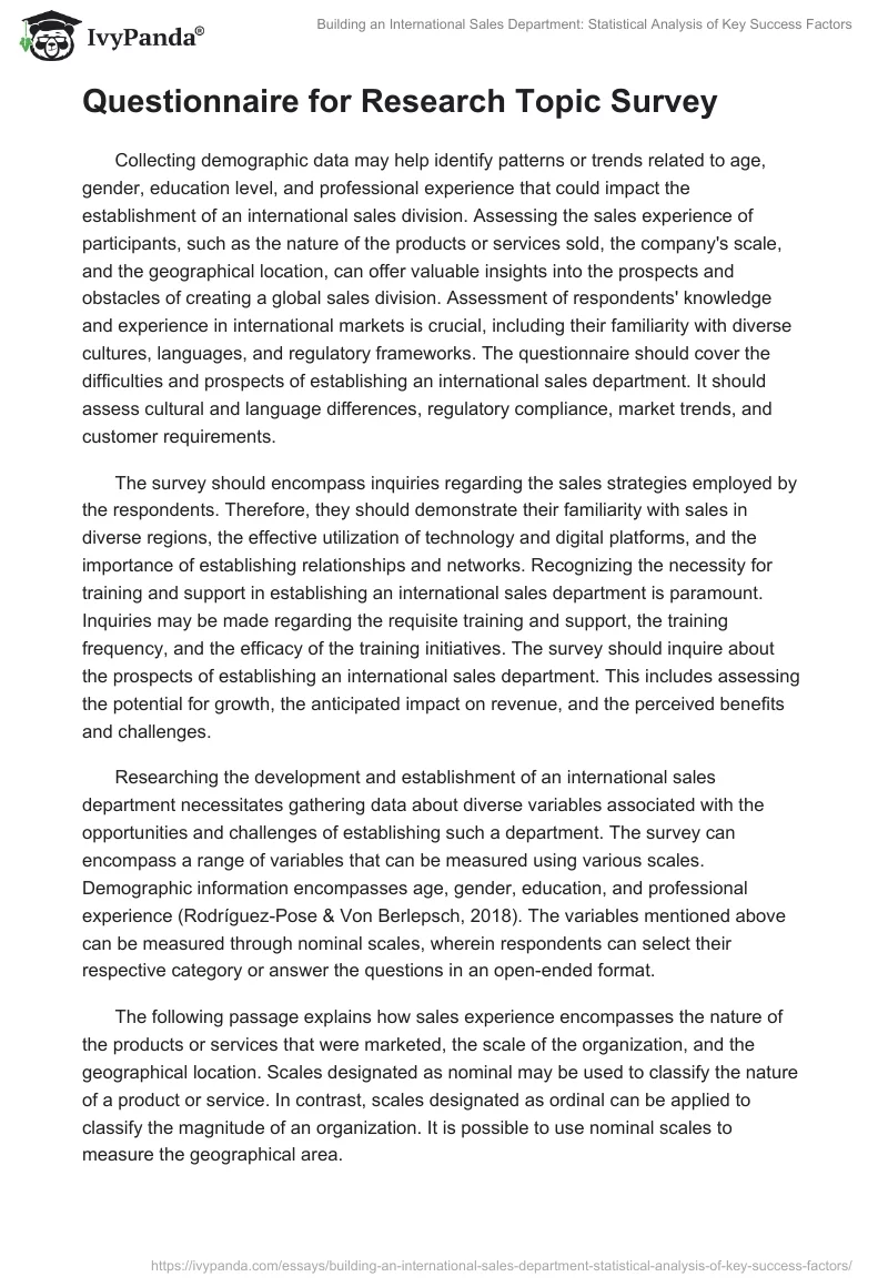 Building an International Sales Department: Statistical Analysis of Key Success Factors. Page 2