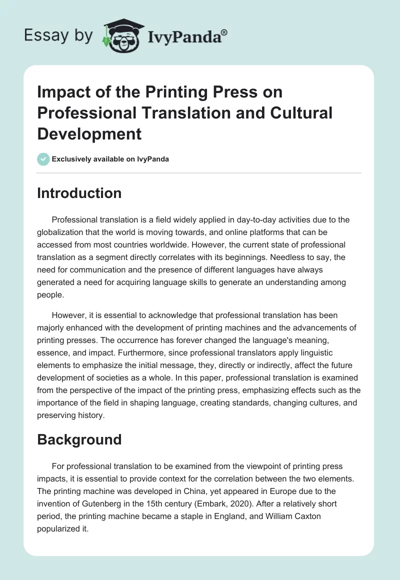 Impact of the Printing Press on Professional Translation and Cultural Development. Page 1