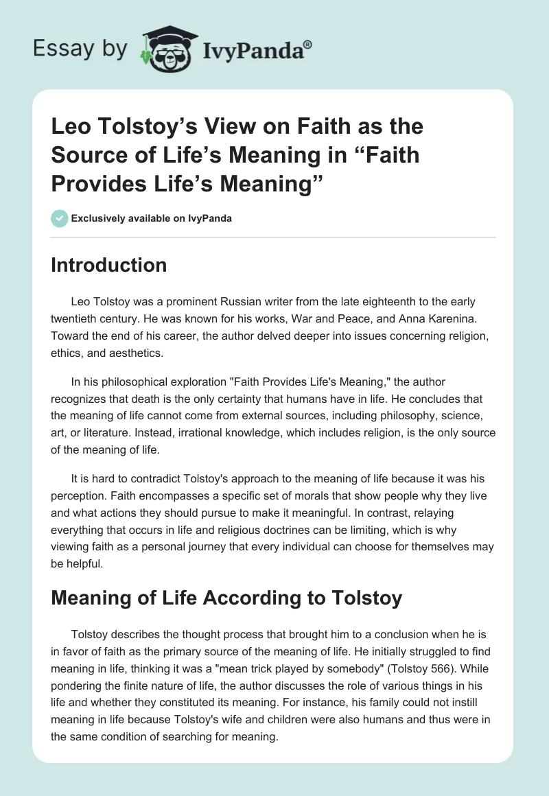 Leo Tolstoy’s View on Faith as the Source of Life’s Meaning in “Faith Provides Life’s Meaning”. Page 1
