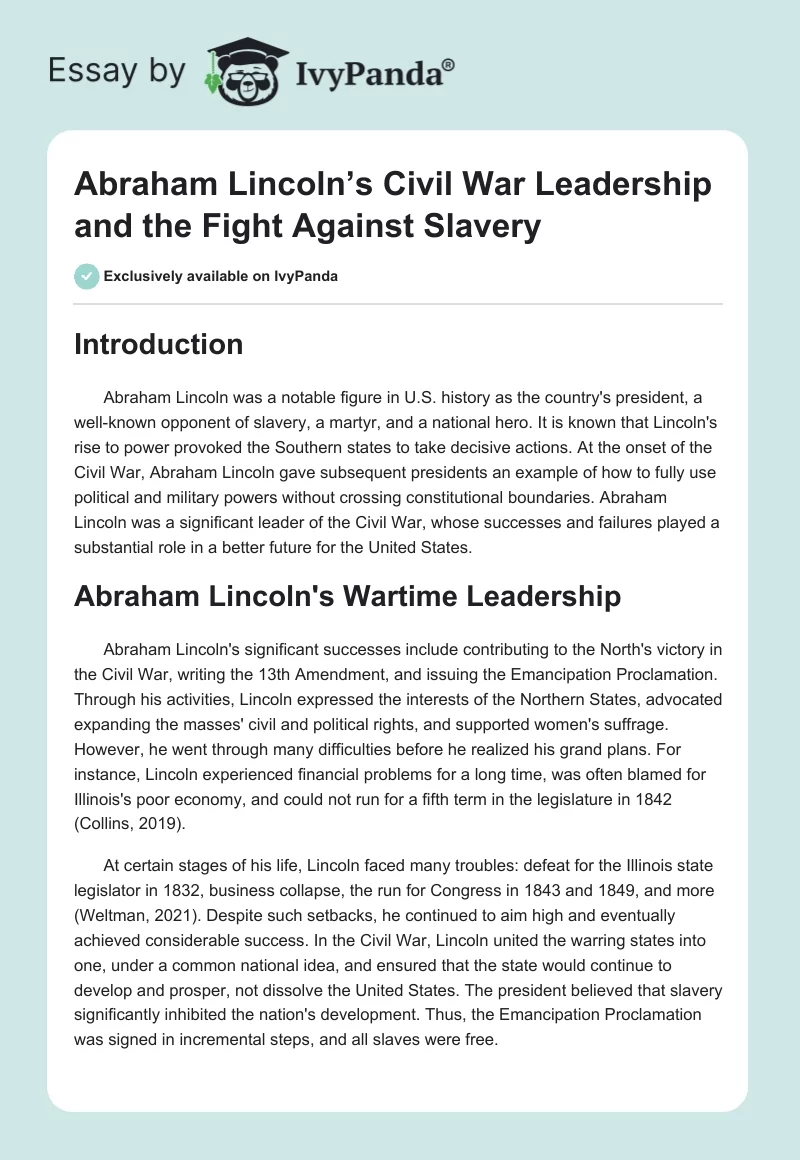 Abraham Lincoln’s Civil War Leadership and the Fight Against Slavery. Page 1