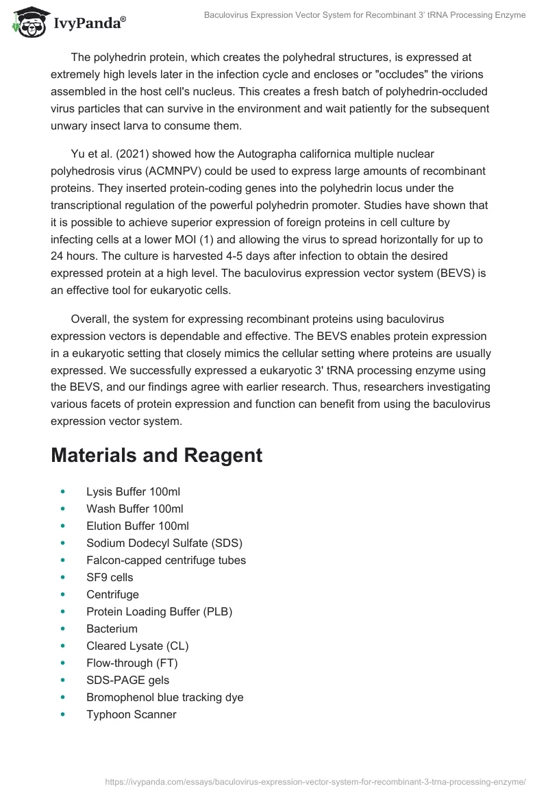 Baculovirus Expression Vector System for Recombinant 3’ tRNA Processing Enzyme. Page 2