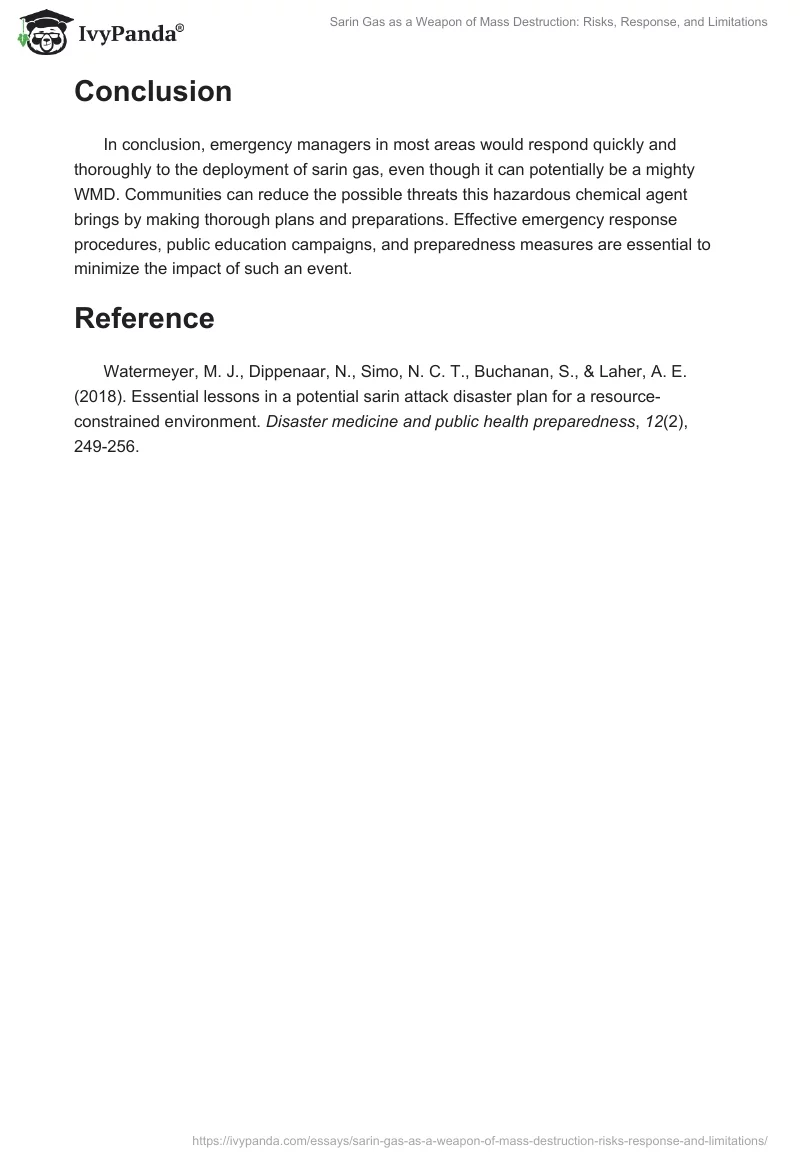 Sarin Gas as a Weapon of Mass Destruction: Risks, Response, and Limitations. Page 2