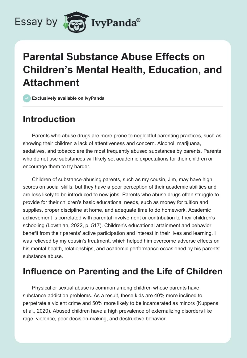 Parental Substance Abuse Effects on Children’s Mental Health, Education, and Attachment. Page 1
