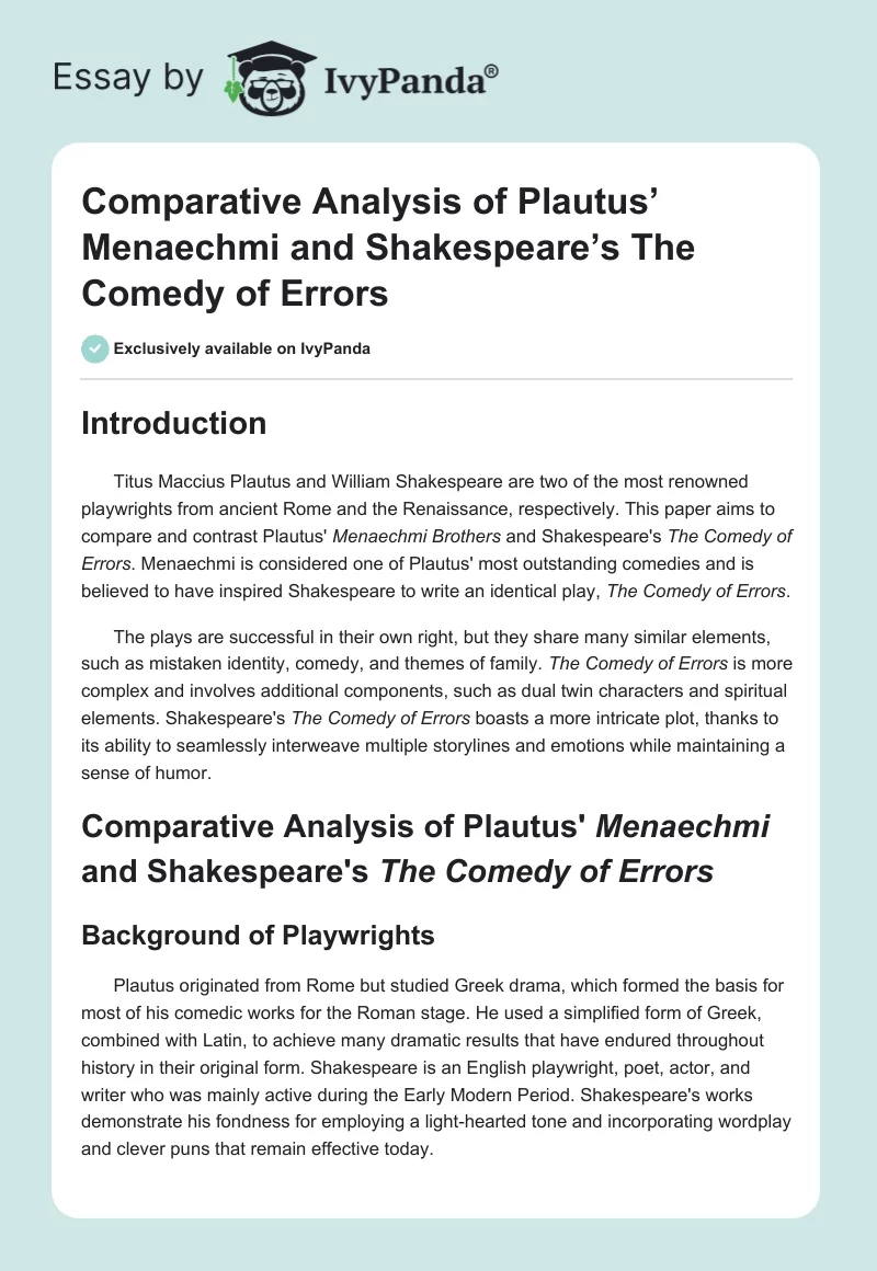 Comparative Analysis of Plautus’ Menaechmi and Shakespeare’s The Comedy of Errors. Page 1