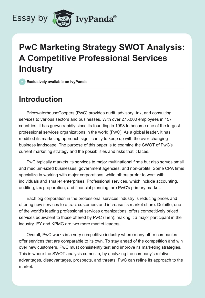 PwC Marketing Strategy SWOT Analysis: A Competitive Professional Services Industry. Page 1