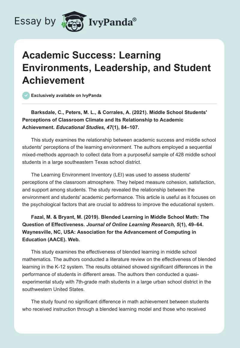 Academic Success: Learning Environments, Leadership, and Student Achievement. Page 1