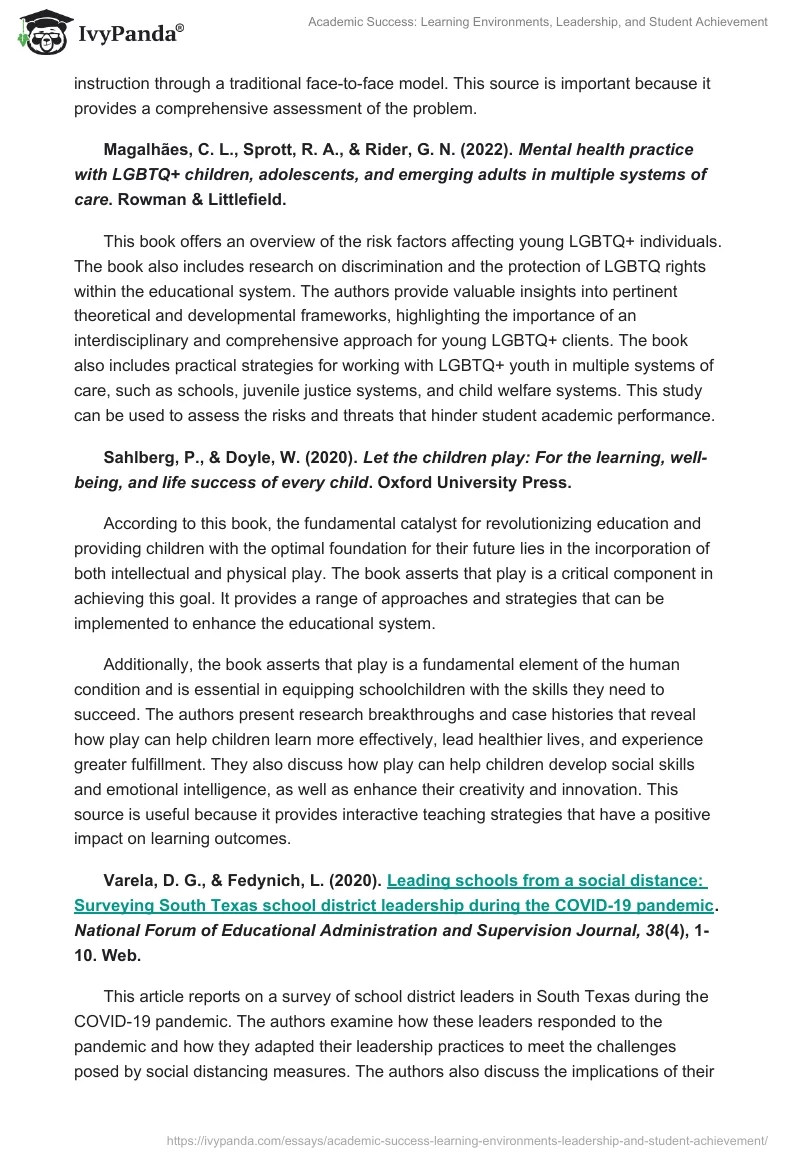 Academic Success: Learning Environments, Leadership, and Student Achievement. Page 2