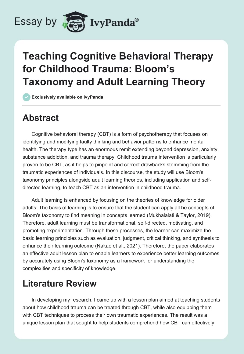 Teaching Cognitive Behavioral Therapy for Childhood Trauma: Bloom’s Taxonomy and Adult Learning Theory. Page 1