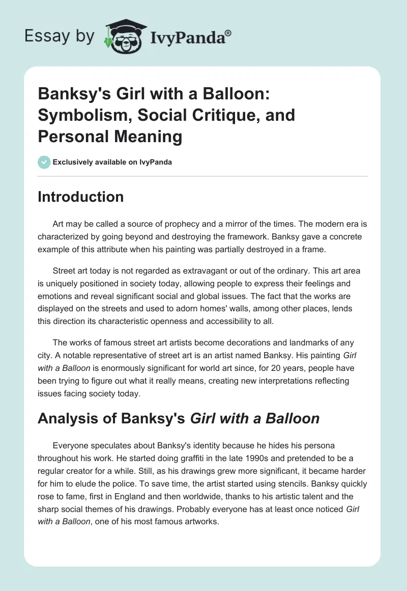 Banksy's Girl with a Balloon: Symbolism, Social Critique, and Personal Meaning. Page 1