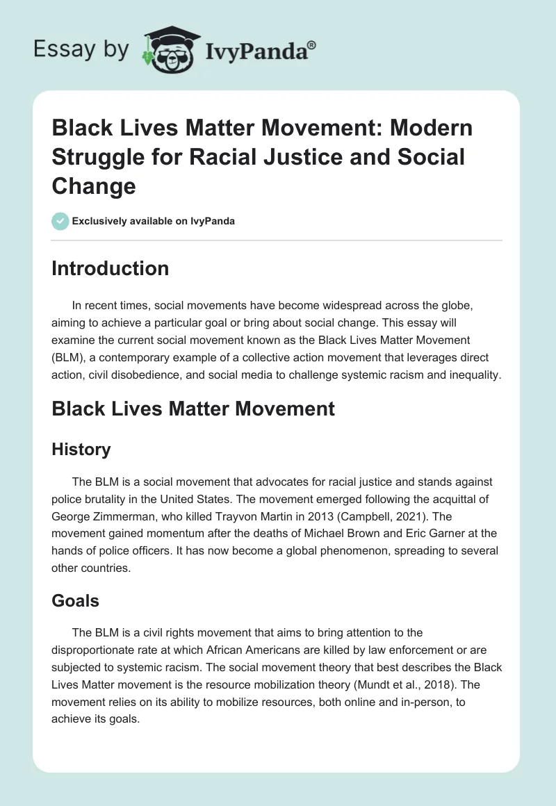 Black Lives Matter Movement: Modern Struggle for Racial Justice and Social Change. Page 1