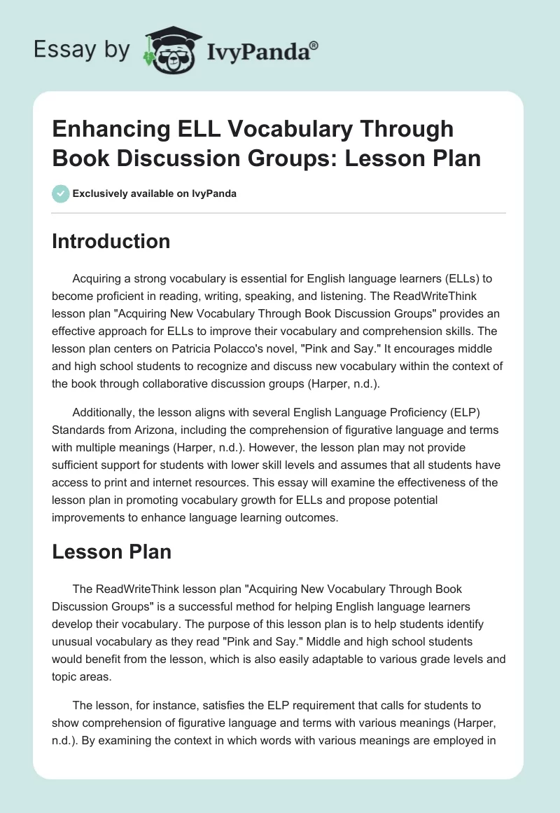 Enhancing ELL Vocabulary Through Book Discussion Groups: Lesson Plan. Page 1