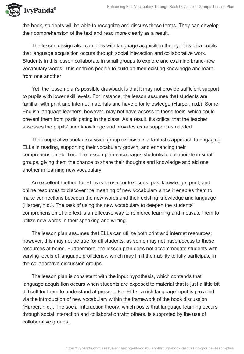 Enhancing ELL Vocabulary Through Book Discussion Groups: Lesson Plan. Page 2