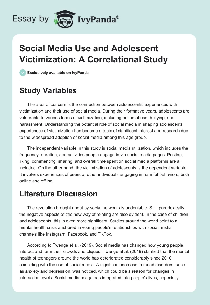 Social Media Use and Adolescent Victimization: A Correlational Study. Page 1