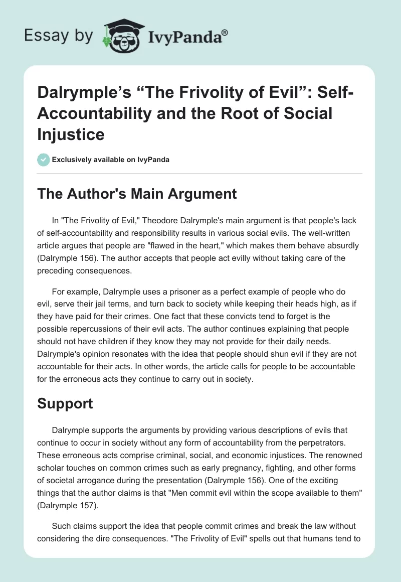 Dalrymple’s “The Frivolity of Evil”: Self-Accountability and the Root of Social Injustice. Page 1