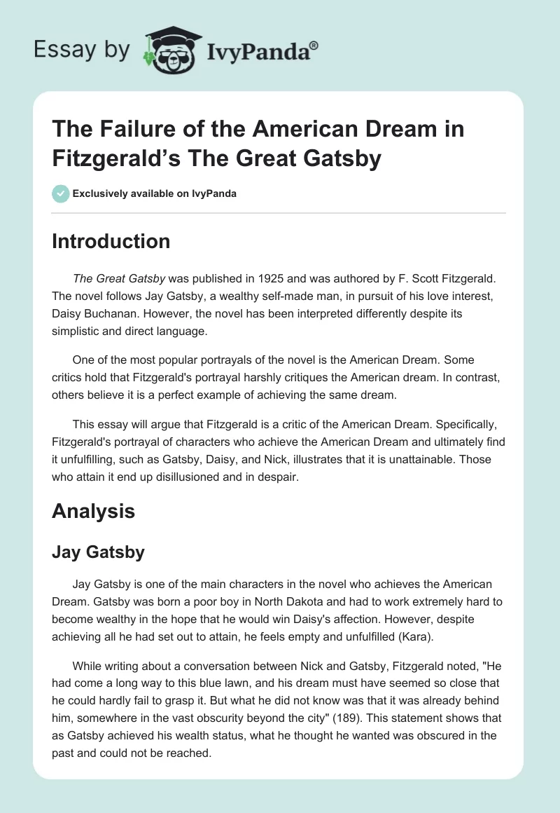 The Failure of the American Dream in Fitzgerald’s The Great Gatsby. Page 1