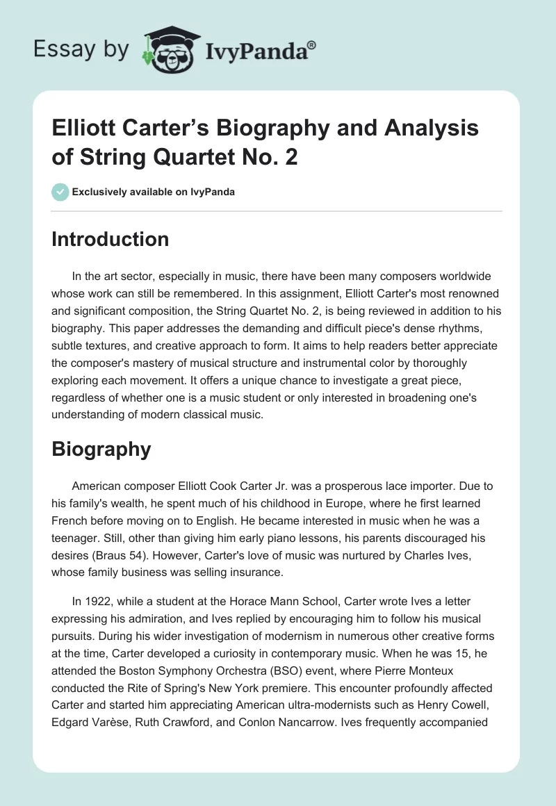 Elliott Carter’s Biography and Analysis of String Quartet No. 2. Page 1