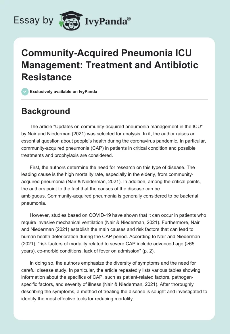 Community-Acquired Pneumonia ICU Management: Treatment and Antibiotic Resistance. Page 1