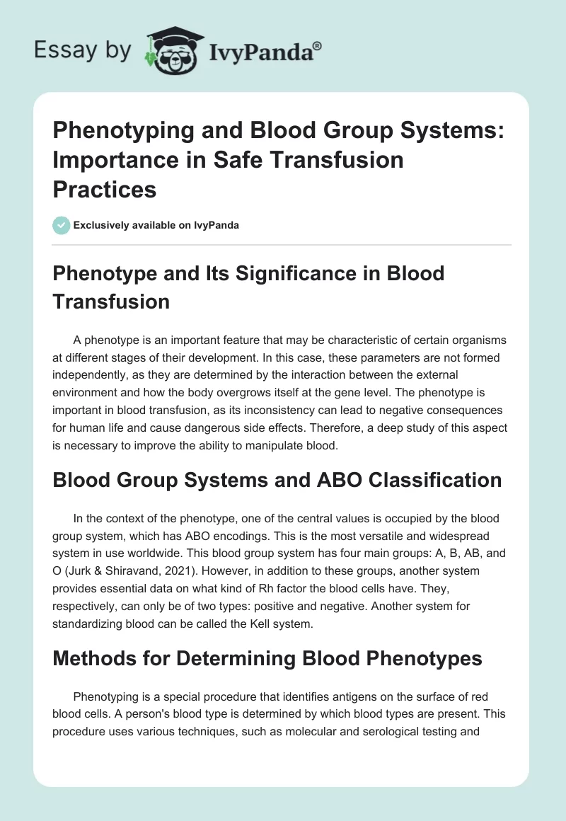 Phenotyping and Blood Group Systems: Importance in Safe Transfusion Practices. Page 1