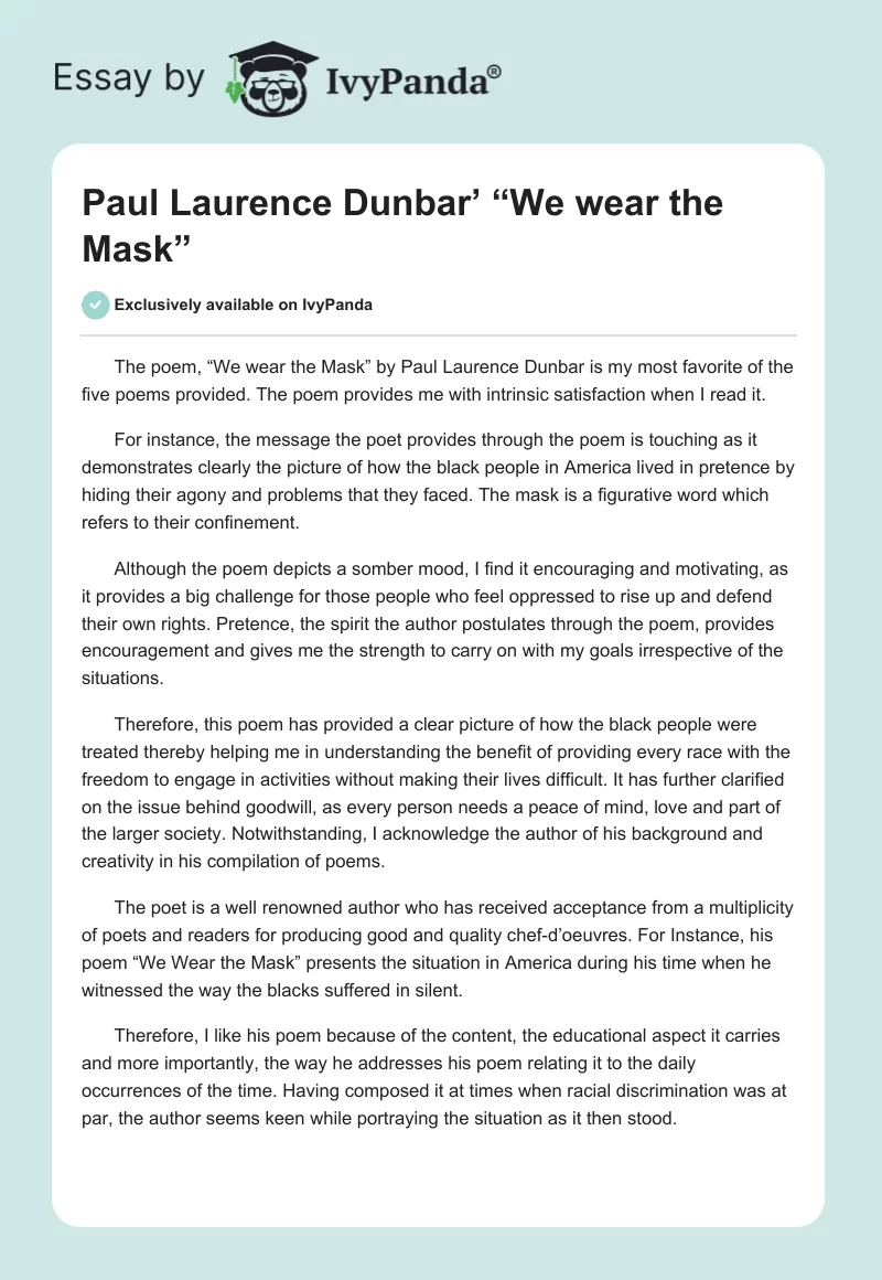 Paul Laurence Dunbar’ “We wear the Mask”. Page 1