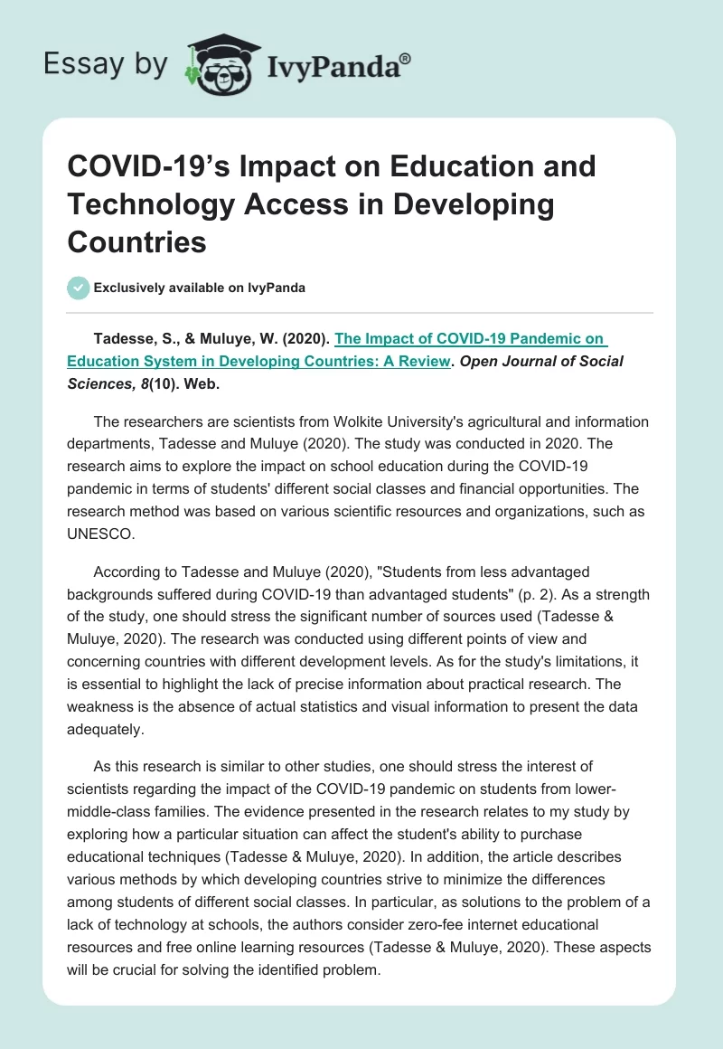 COVID-19’s Impact on Education and Technology Access in Developing Countries. Page 1