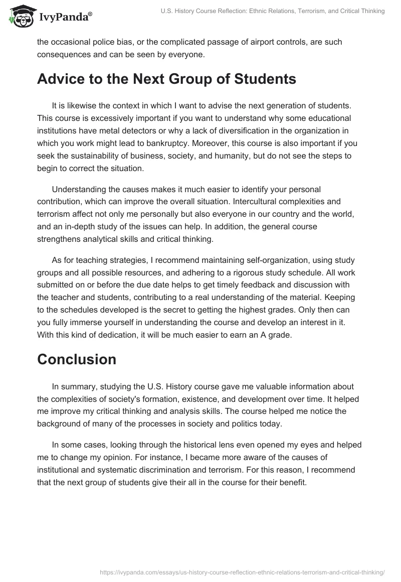 U.S. History Course Reflection: Ethnic Relations, Terrorism, and Critical Thinking. Page 2