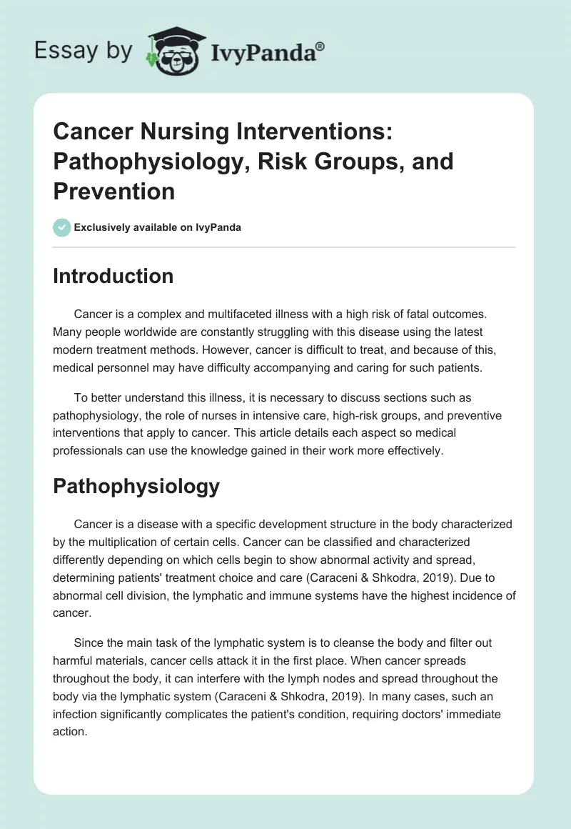 Cancer Nursing Interventions: Pathophysiology, Risk Groups, and Prevention. Page 1