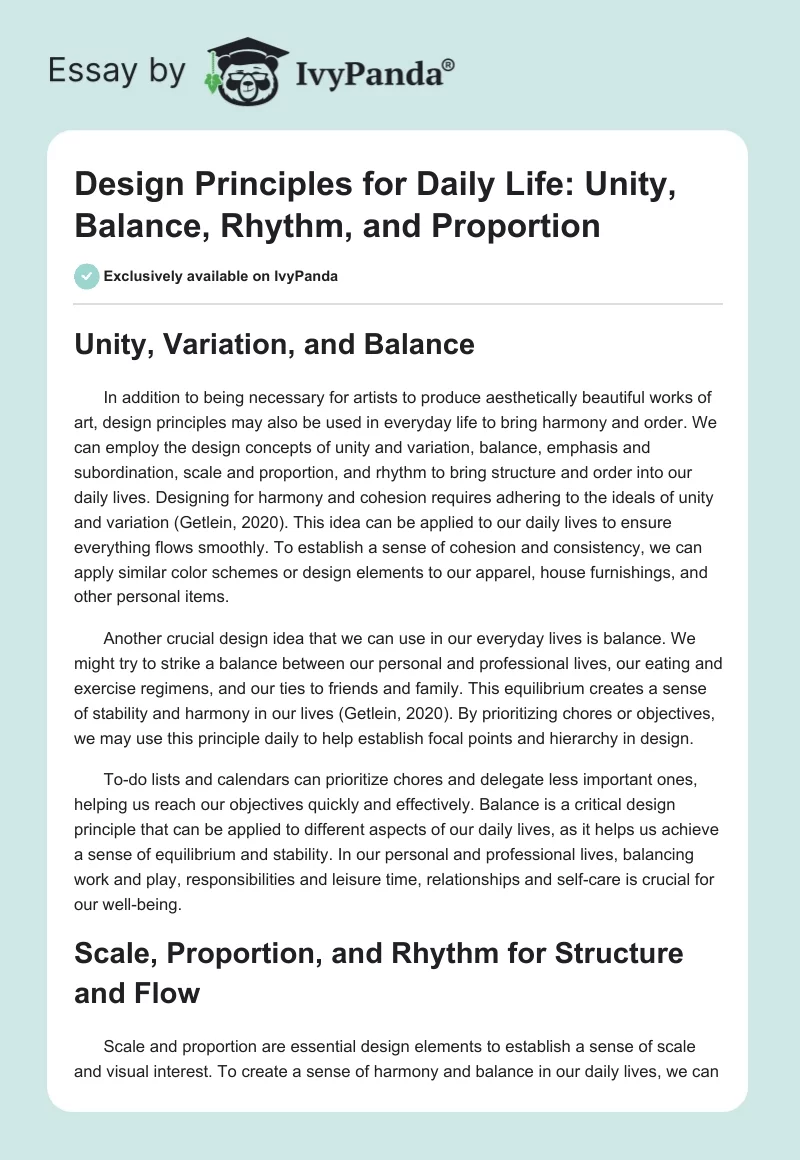 Design Principles for Daily Life: Unity, Balance, Rhythm, and Proportion. Page 1