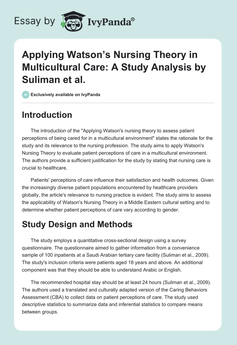 Applying Watson’s Nursing Theory in Multicultural Care: A Study Analysis by Suliman et al.. Page 1