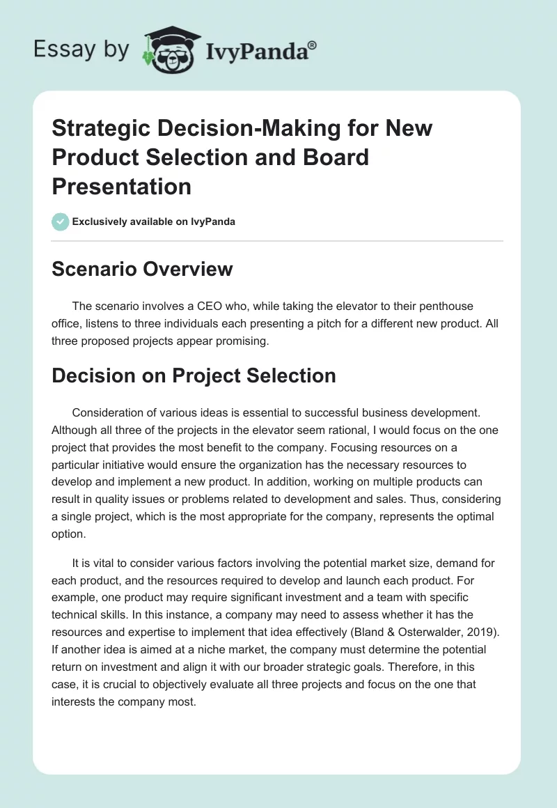Strategic Decision-Making for New Product Selection and Board Presentation. Page 1