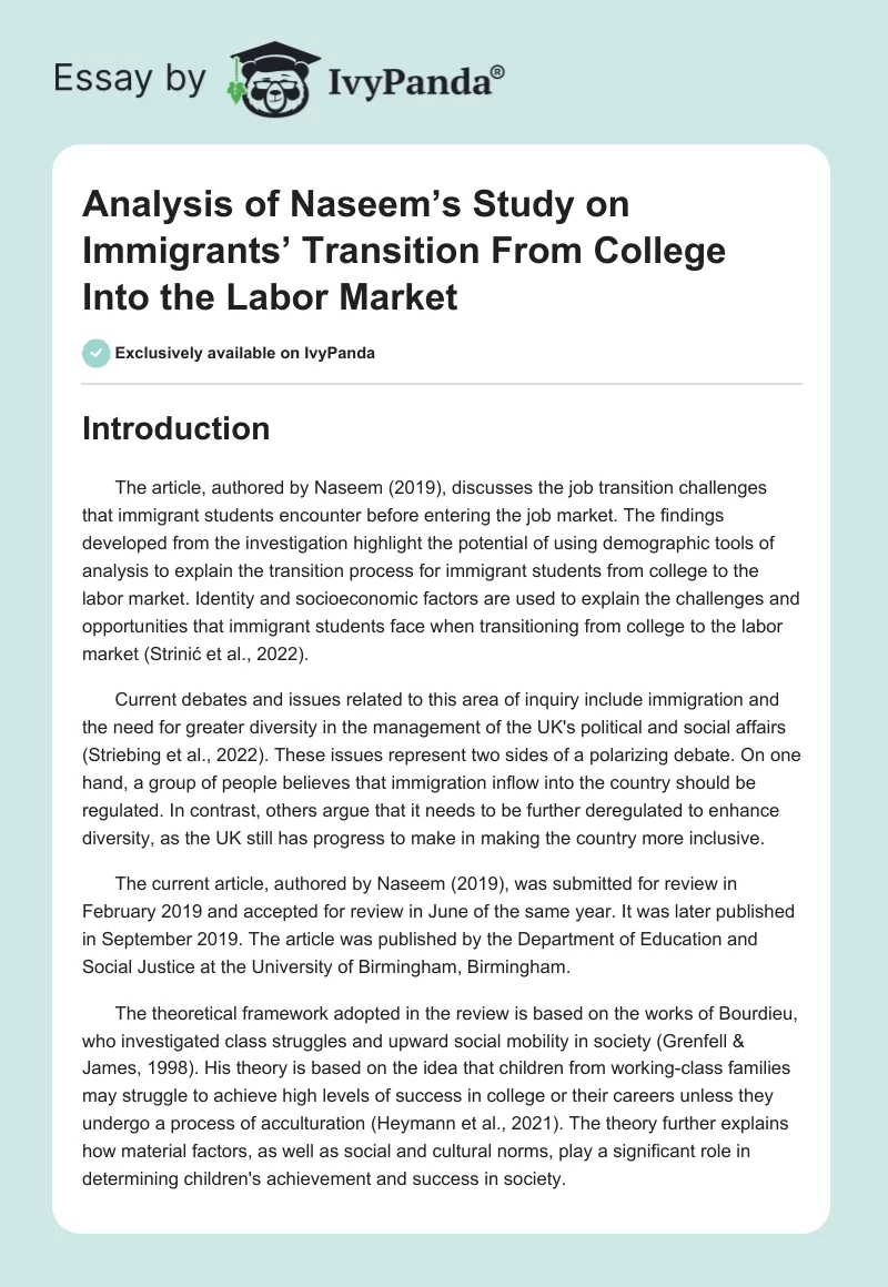 Analysis of Naseem’s Study on Immigrants’ Transition From College Into the Labor Market. Page 1