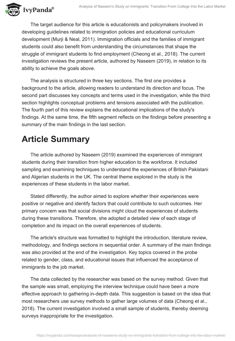 Analysis of Naseem’s Study on Immigrants’ Transition From College Into the Labor Market. Page 2