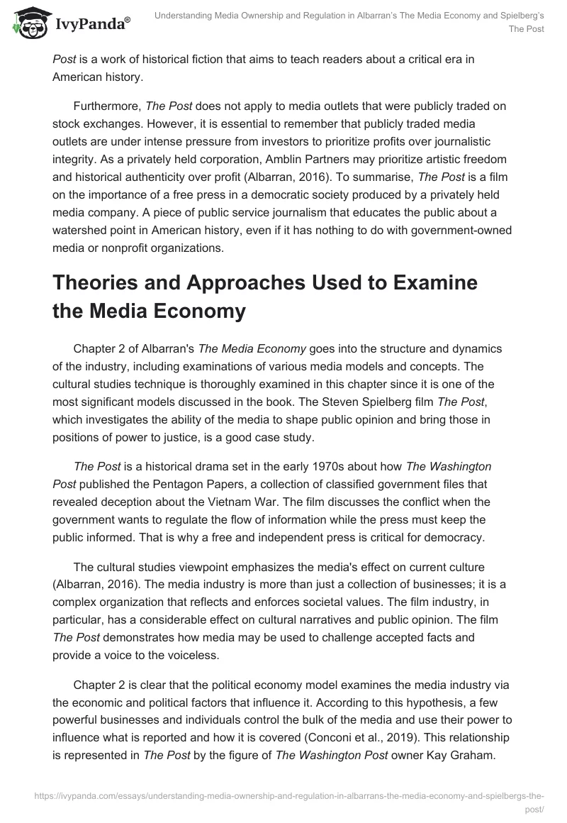 Understanding Media Ownership and Regulation in Albarran’s The Media Economy and Spielberg’s The Post. Page 2
