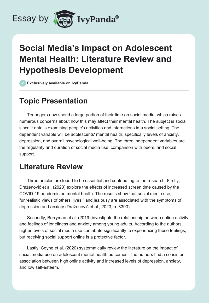 Social Media’s Impact on Adolescent Mental Health: Literature Review and Hypothesis Development. Page 1