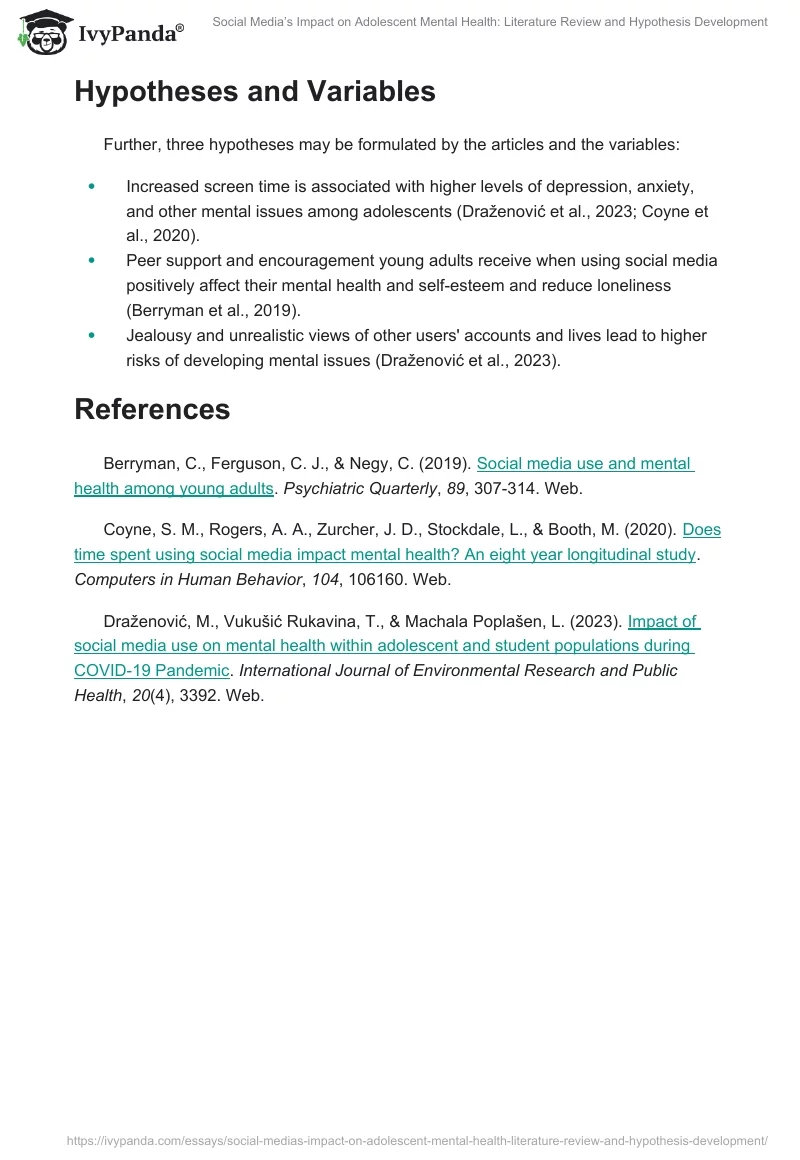 Social Media’s Impact on Adolescent Mental Health: Literature Review and Hypothesis Development. Page 2