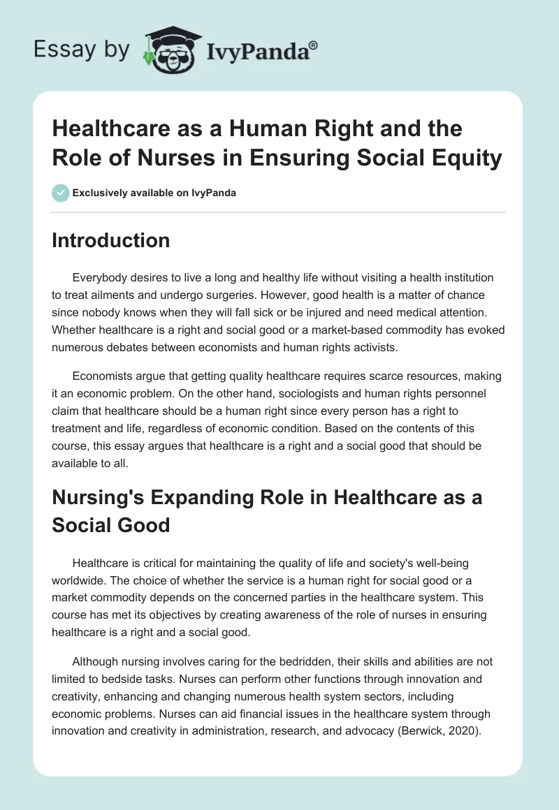 Healthcare as a Human Right and the Role of Nurses in Ensuring Social Equity. Page 1