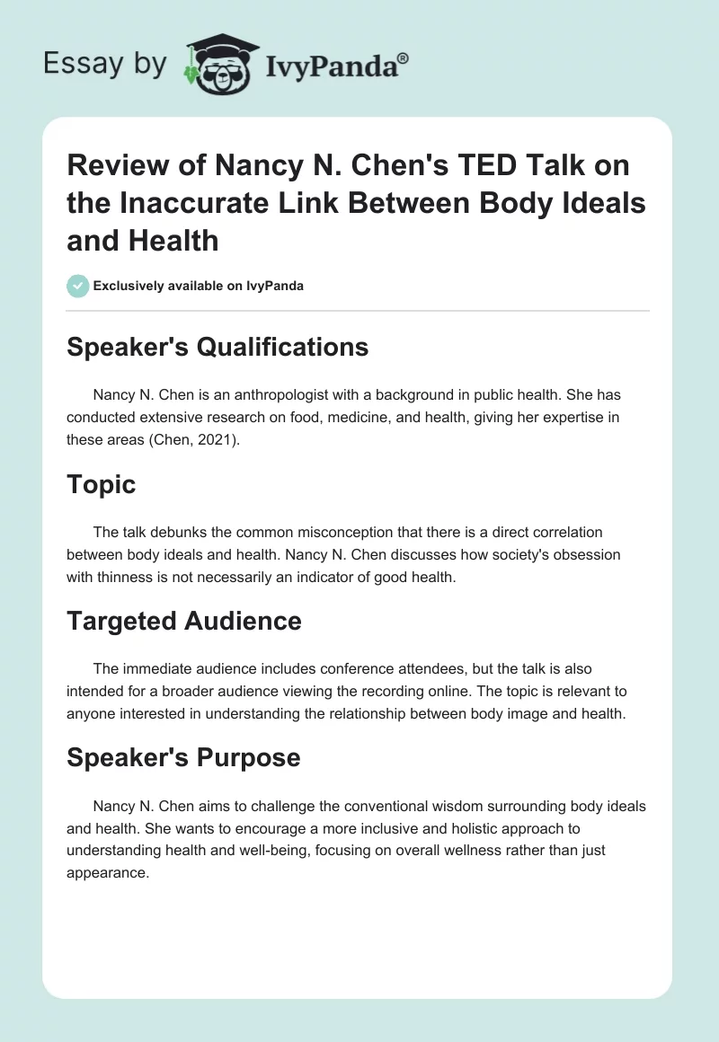 Review of Nancy N. Chen's TED Talk on the Inaccurate Link Between Body Ideals and Health. Page 1