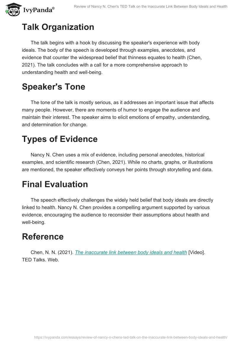 Review of Nancy N. Chen's TED Talk on the Inaccurate Link Between Body Ideals and Health. Page 2