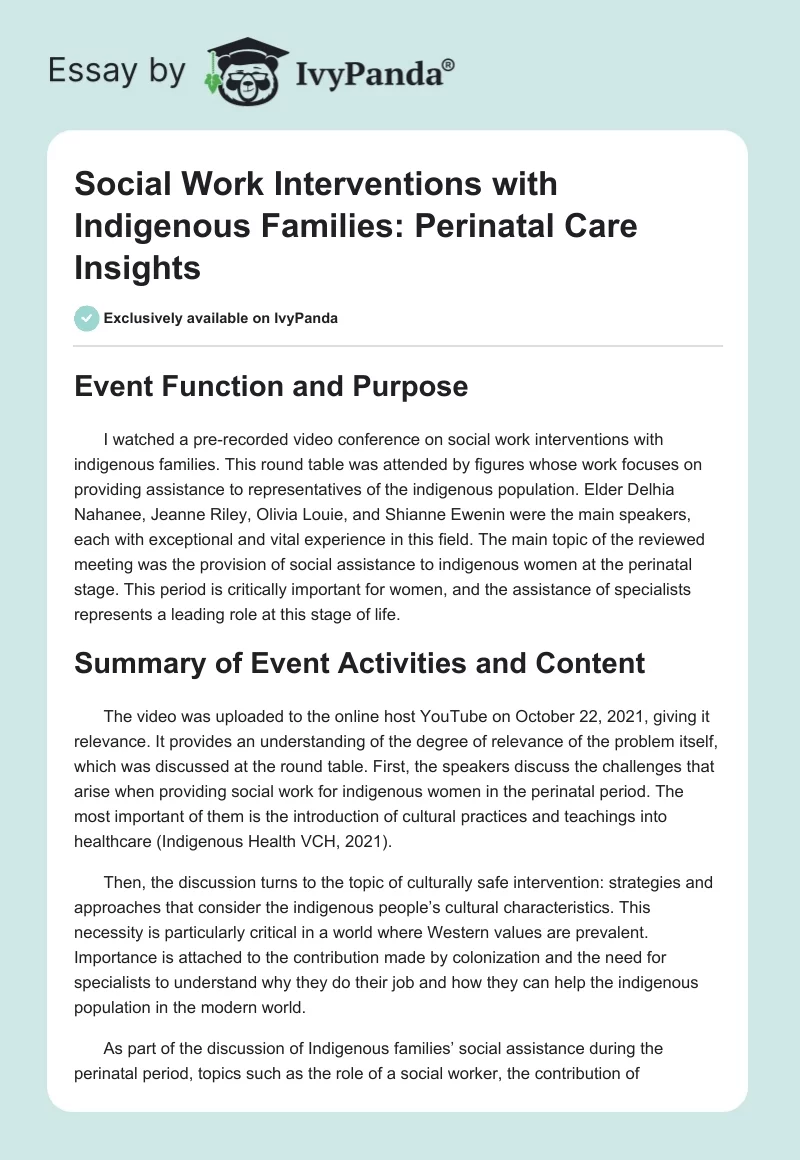 Social Work Interventions with Indigenous Families: Perinatal Care Insights. Page 1
