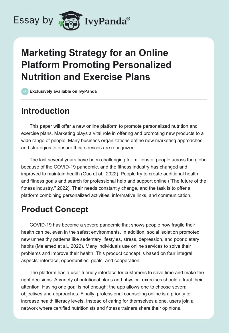 Marketing Strategy for an Online Platform Promoting Personalized Nutrition and Exercise Plans. Page 1